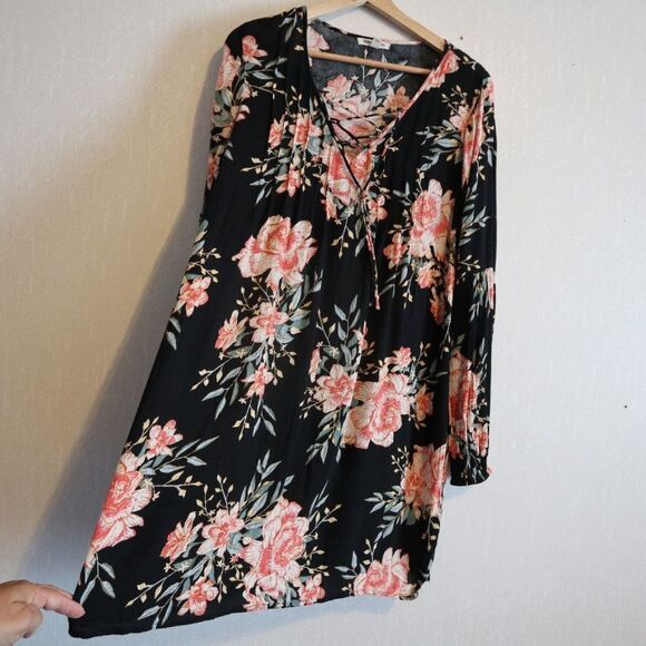 BILLABONG Just Like Us Black Floral lace up long sleeve Mini Dress size S - Picture 6 of 13